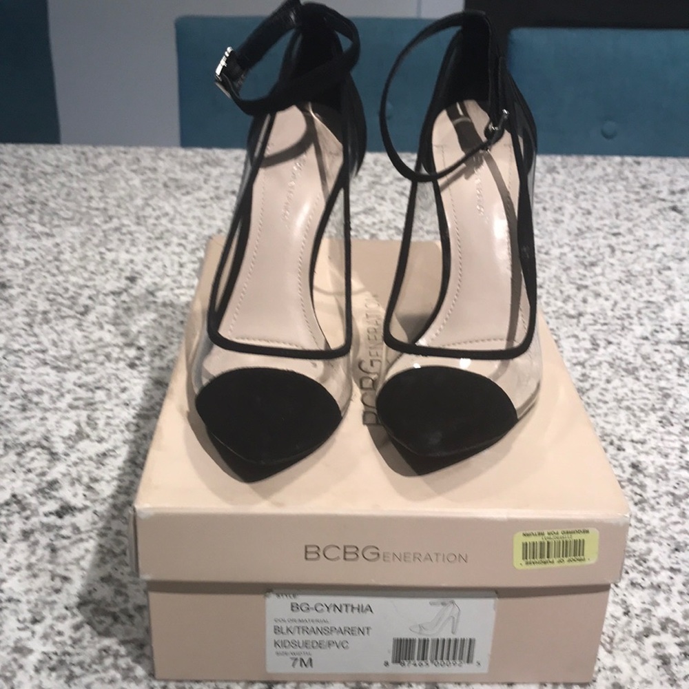 BCBG Cynthia black suede and clear pumps